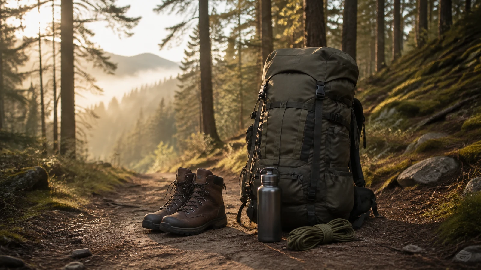 Sac outdoor et matériel de randonnée préparés en pleine nature