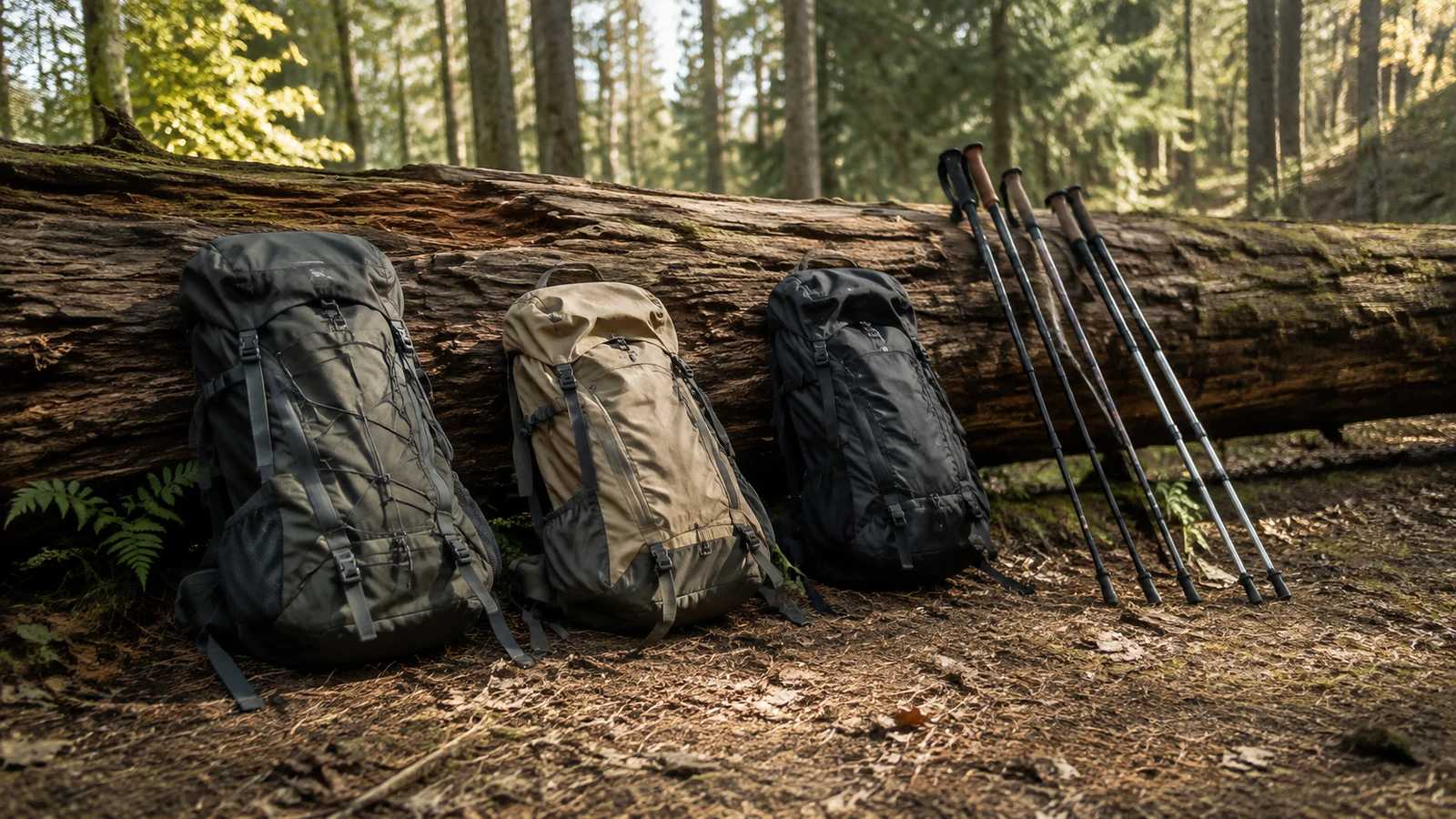 Sacs et bâtons de randonnée préparés pour une sortie outdoor